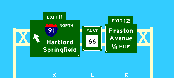 exit 11 I-691 east / I-91 north Hartford / 
Springfield; Preston Ave exit 12 1/4 mile