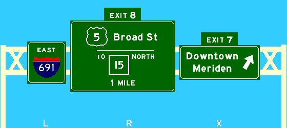 exit 7 downtown Meriden; east 691; exit 8 east 1 mile
