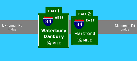 exit 1, 84 west 1/4 mile; exit 2, 84 east 1/4 
mile