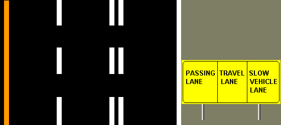 passing lane far left, travel lane center, slow 
vehicle lane far right